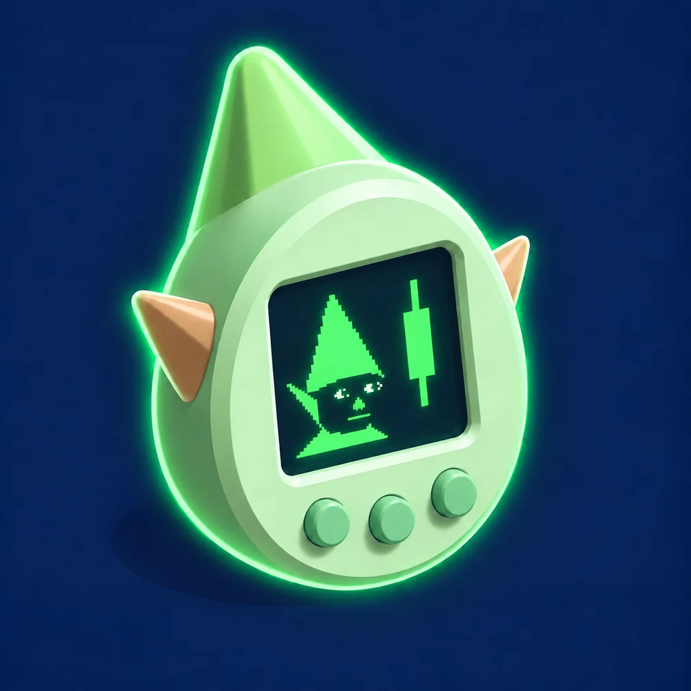 GNOTCHI — a mint-green virtual pet device with a gnome hat and a pixel gnome on the screen